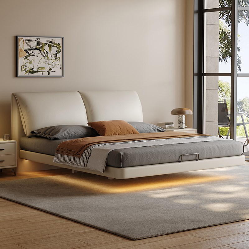 大象耳朵真皮主卧悬浮床双人意式极简轻奢奶油现代简约高箱储物床