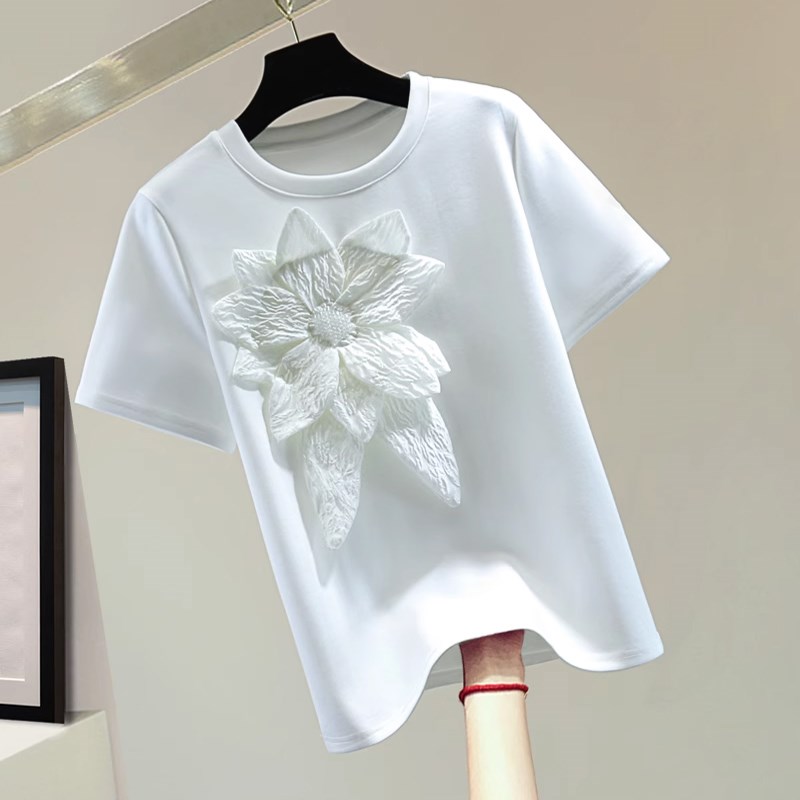 重工花朵圆领短袖T恤2024夏季韩版宽松直筒纯色钉珠弹力百搭上衣
