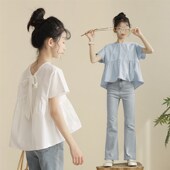 女孩夏装 洋气纯色宽松大童女童短袖 新款 亲子装 上衣 韩版 儿童娃娃衫