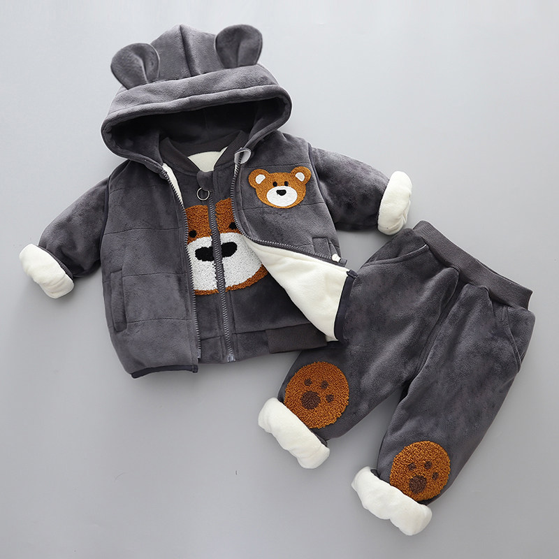 男童冬季三件套加绒加厚冬装儿童套装小童棉服洋派男宝秋冬款童装