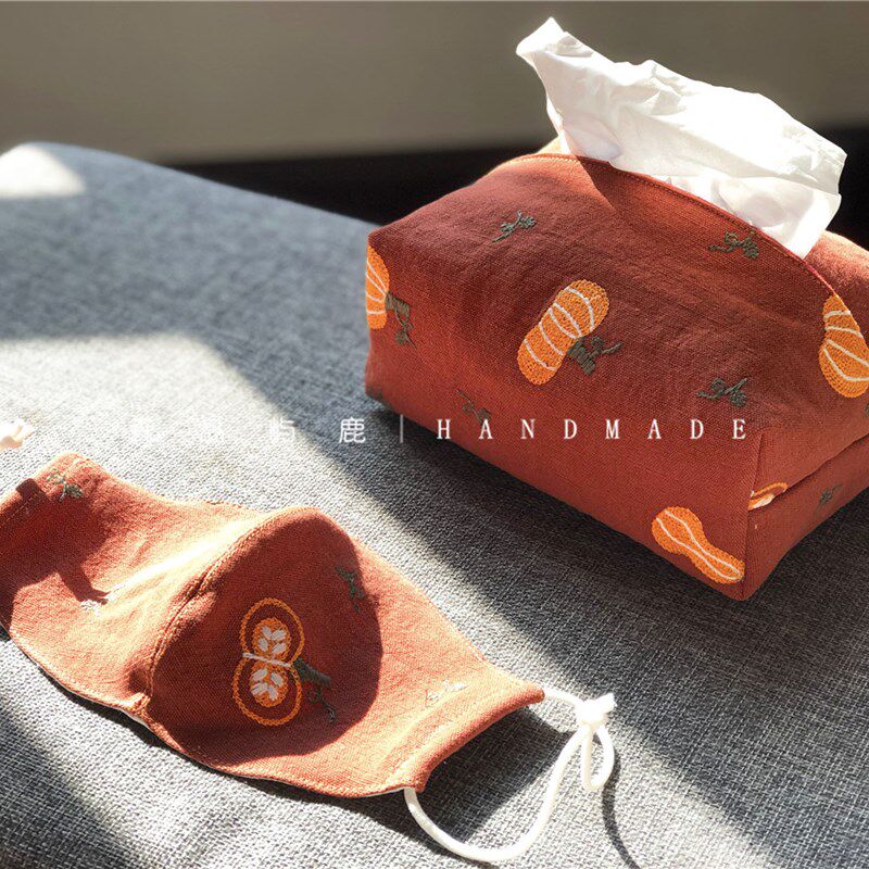 森岛屿鹿可爱猫咪刺绣布艺手工纸巾套客厅收纳抽纸袋北欧风纸巾包