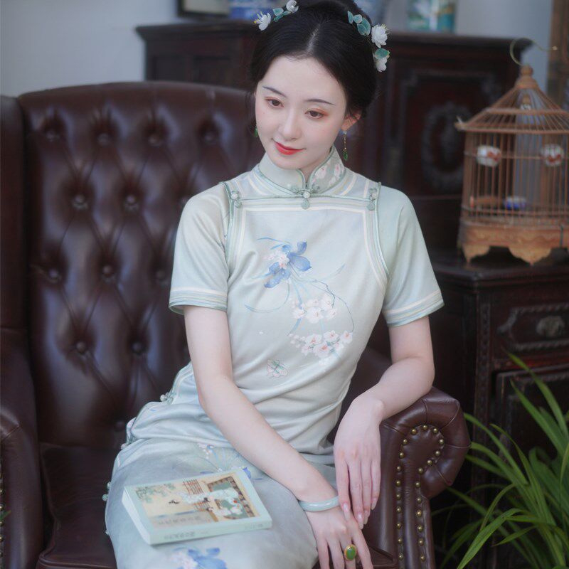 【梨花香】梦回故里一片式全开襟假两件长款Q曳地少女旗袍日常裙