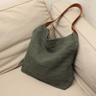 百搭休闲简约单肩女2025新款 慵懒文艺小众N亚麻复古真皮肩带大包