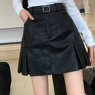 皮裙百褶半身裙韩系减龄学院风A字短E裙秋冬大尺码 胖m配腰带高腰