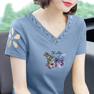 绣花体恤汗衫 纯棉t恤2p023中老年洋气上衣服老人大码 短袖 妈妈夏装