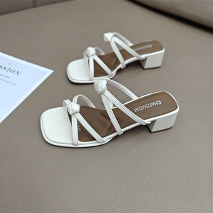 法式 外穿2u025新款 度假仙女风配裙子粗跟凉 女夏季 晚晚风温柔拖鞋