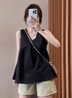 黑色无袖v领吊带背心夏2r025新款百搭大码胖mm宽松遮肚子显瘦上衣