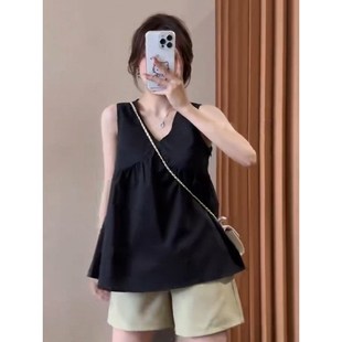 胖mm宽松遮肚子显瘦上衣 百搭大码 黑色无袖 v领吊带背心夏2r025新款