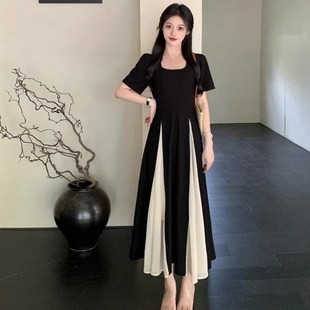 气质收腰显瘦遮肉A字长裙胖mm2Z 法式 大码 夏季 300 方领连衣裙女装