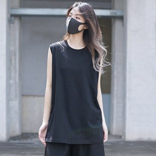 T恤显瘦中长U款 纯色无袖 打底坎肩上衣 背心女夏季 黑色宽松外穿砍袖