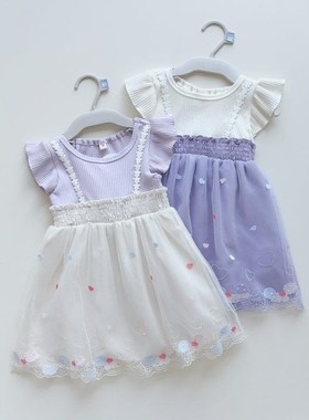 新品日单b尾货110130女孩夏季飞袖网纱洋装精美刺绣打揽收腰甜