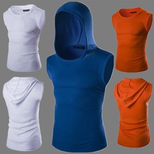 连帽上衣夏装 t恤男夏V季 紧身无袖 健身背心男纯棉青年运动打底砍袖