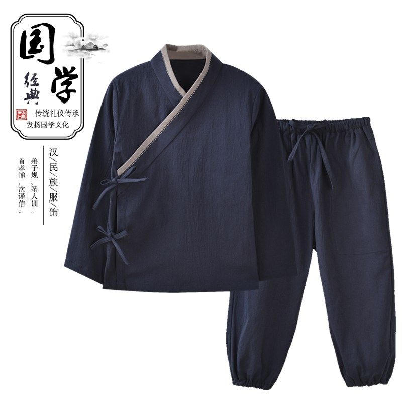 中国风男式国学汉服亚麻弹力亲子B套装儿童表演服复古唐装居士禅