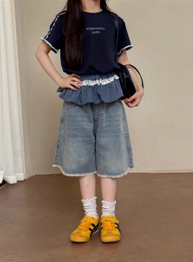 2025a新款儿童韩版洋气毛边牛仔短裤女童可拆卸毗连直筒阔腿五分