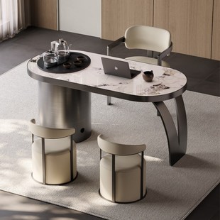 意式 轻奢岩板茶台不n锈钢现代简约家用办公功夫泡茶阳台茶桌椅组