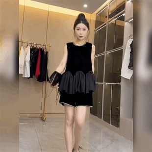 潮 娃娃小衫 雪纺拼丝绒dT恤背心女无袖 黑色圆领钉珠上衣荷叶边砍袖