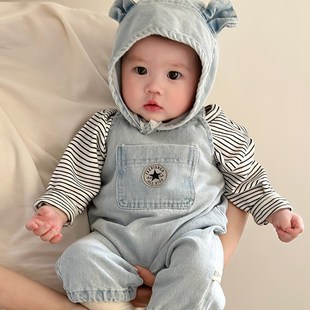 婴儿春秋季 男女宝宝连体牛仔爬服超萌可爱包屁哈衣送帽 洋气h套装
