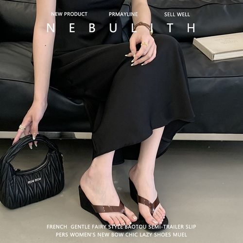 羊皮版法式仙女风坡跟厚底E人字拖女2025夏外穿配裙子高跟凉拖鞋