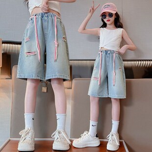 女大童夏装 外穿时髦炸w街儿童宽松破洞五分裤 中 牛仔短裤 女童夏季