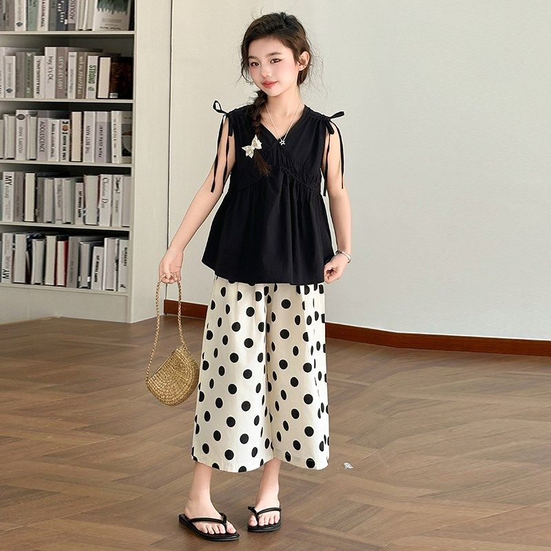 女童套装2025新款o夏装女孩网红洋气波点七分裤儿童夏季棉布娃娃