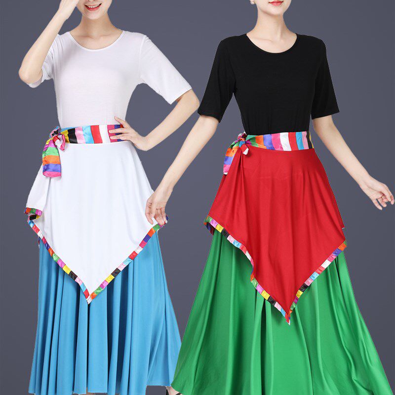 广场舞服装新款藏族舞蹈围裙系带一片式J半身裙成人舞蹈服裙子女