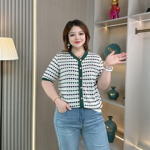 大码女装夏胖mm冰丝针织衫女士短袖t恤宽松遮P肚子显瘦条纹v领上