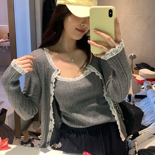 NAZ那子大码 胖mm显瘦套 45n支羊毛混纺蕾丝花边吊带洋气针织开衫