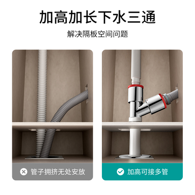 加高加长下水管三头通阳台洗衣机下水道三通接头分水器50地漏排水