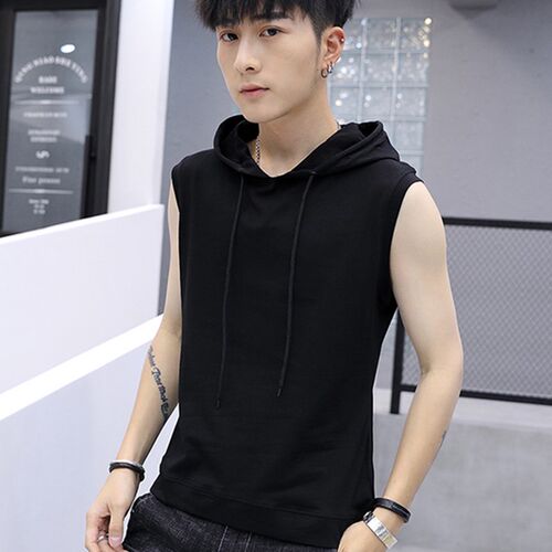运动宽肩跑步f连帽背心男贴身小衫黑色纯棉无袖t恤夏季潮外穿坎肩