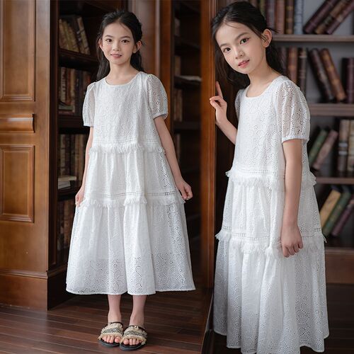 女童白色法式连衣k裙夏季2025新款纯棉公主裙大童女长裙仙女风裙