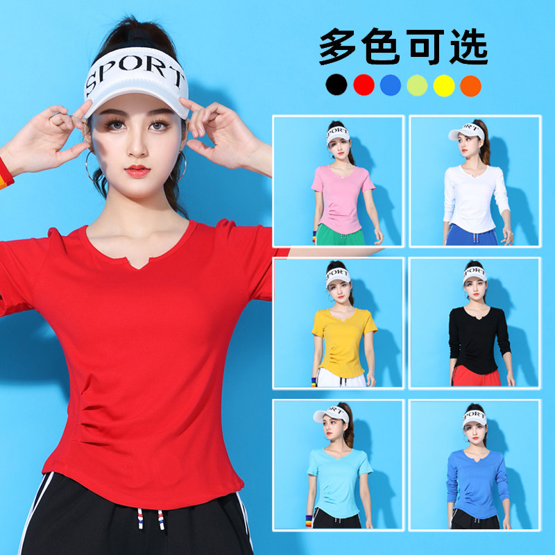 广场舞服装上衣纯棉V领短t袖红色新款T恤舞蹈练功服上装演出服女