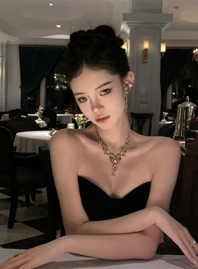 超闪香槟色镶钻流苏项链耳环套装C复古宫廷风锁骨链高级感晚宴配