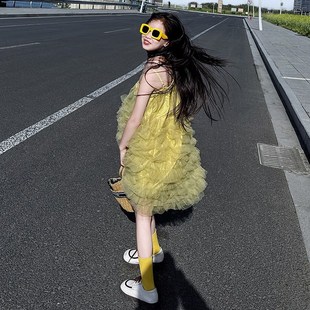 女童连衣裙2025夏季 儿童超仙海边度K假网纱蓬蓬裙吊带裙蛋糕 新款