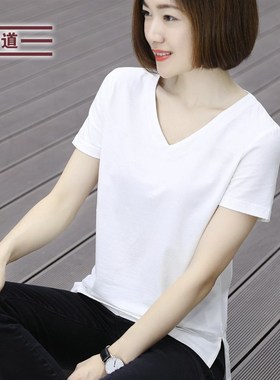 2021百搭夏装白色纯棉V领短袖T恤女F新款大码宽松胖mm半袖上衣体