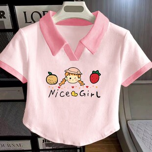 纯棉儿童洋派小女孩卡通印花翻领上衣潮 夏季 女童T恤短袖 2i025新款