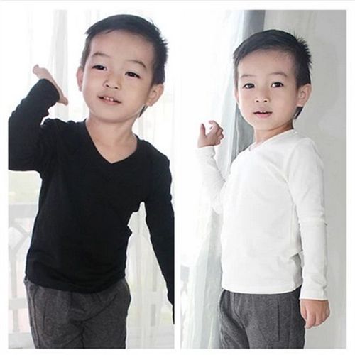 搭配童装秋装新款休闲男女童长袖VD领儿童T恤内衣纯棉白色打底衫