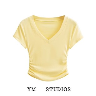 辣妹基础T汗衫 纯欲抽褶设计百搭短S款 女t恤法式 青春少女系V领短袖