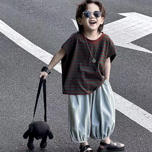 韩国童装男女童套装T恤r2025夏装儿童短袖拼色宽松防蚊裤背心套装