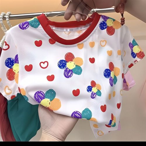 小花T恤儿童上衣季打底衫s 纯棉2025新款女童夏版短袖T恤 女宝宝