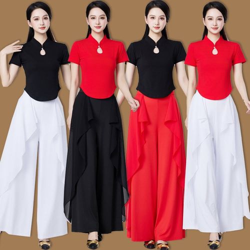 广场舞服装女新款套装春夏短袖棉上衣阔腿裤演出表演X休闲舞蹈洛