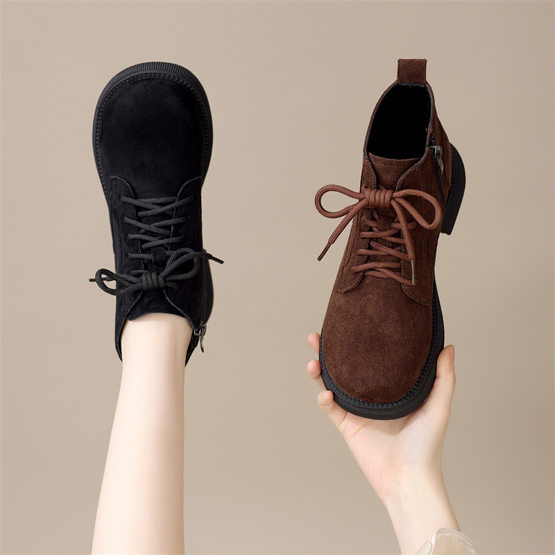 平底翻毛皮马丁靴女款2025新款冬季加绒小皮鞋低帮系带短靴大码42