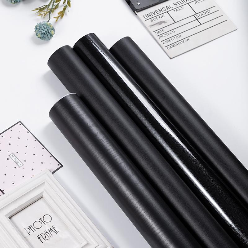 ZQ纯黑色贴纸自粘墙纸磨砂膜木纹桌面家具翻新背景装饰防水壁纸哑