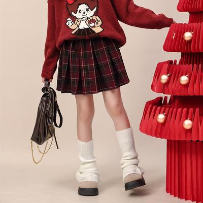 裙儿童格子毛呢圣诞中大童气氛毛呢高腰红半身裙子洋气百褶裙短款