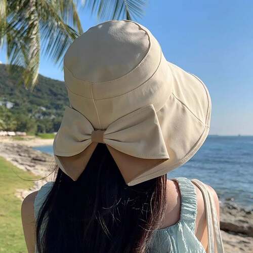 新款蝴蝶结防晒帽百搭时尚薄款条纹渔夫帽户外大帽檐遮阳防晒帽子