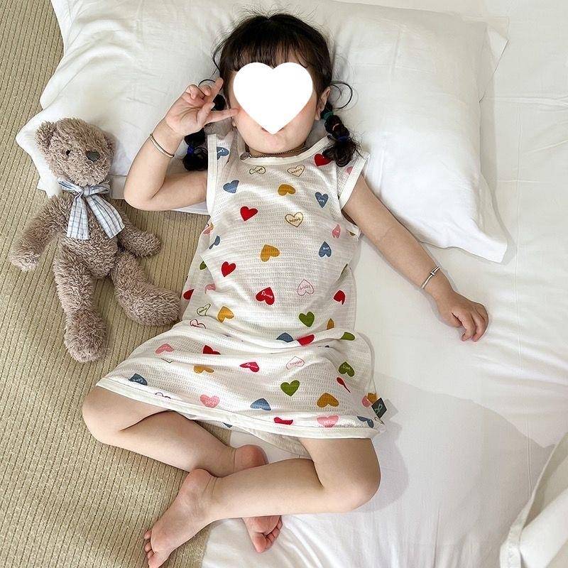 夏季连体衣儿童睡衣冰丝无袖睡袍男女童薄款睡裙宝宝护肚分腿睡袋