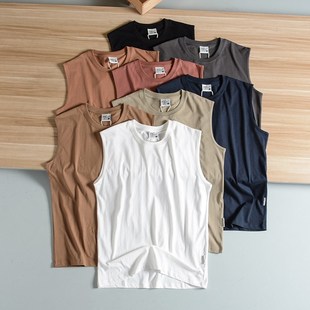 宽松复古全棉水洗面料宽肩带男士 运动休闲篮球V坎肩圆领汗背 夏季