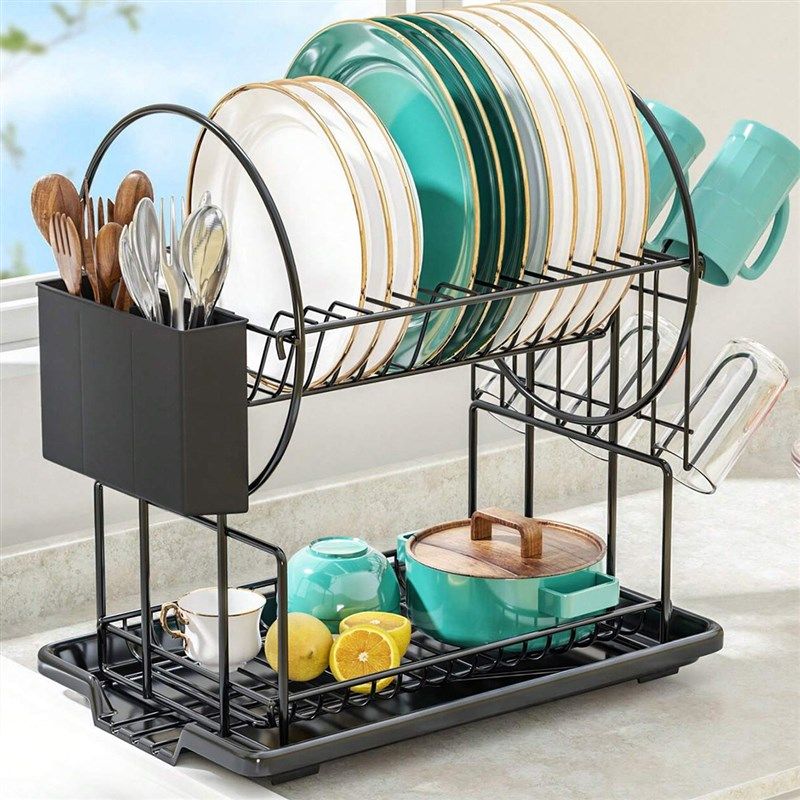 黑色双层碗碟架接水盘可拆装餐具置物架配开口带筷子笼挂杯架,厨房/烹饪用具,碗架,淘宝优惠券,粉丝福利购,淘宝优惠卷