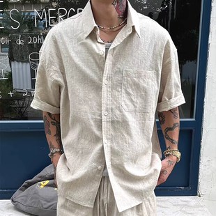 棉麻休闲运动套m装 亚麻透气五分短裤 男宽松工装 衬衫 两件 短袖 美式