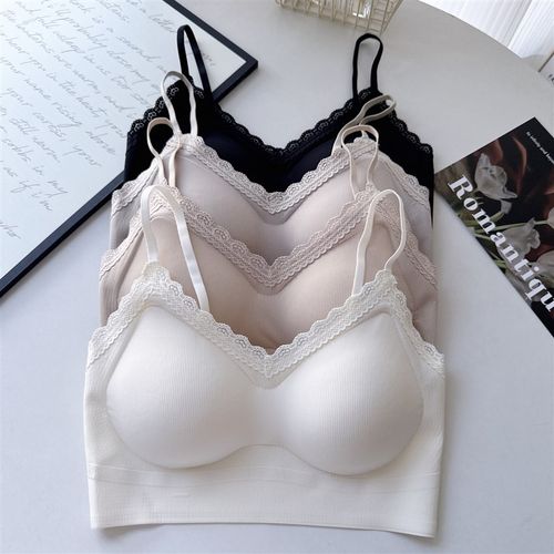 螺纹冰丝美背抹胸夏季V领蕾丝边固E定杯聚拢无痕内衣打底背心裹胸