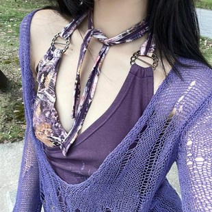 上N衣拼接挂脖背心套装 大码 胖mm设计感不规则紫色镂空破洞针织衫